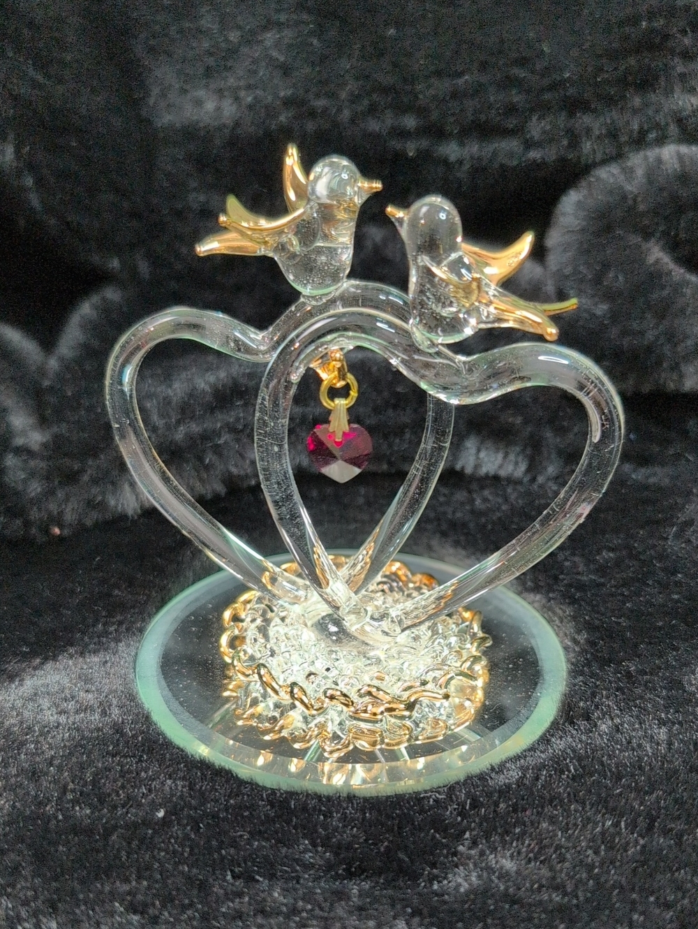 Double Heart Figurine with Gold Accent and Red Crystal Heart, Vtg "Love Birds"